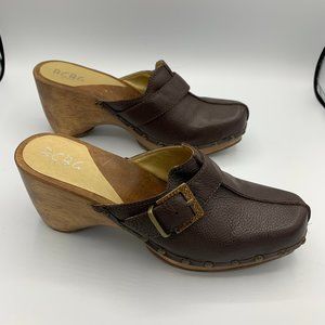 BCBG Leather Wooden Clogs with Rhinestone Buckles